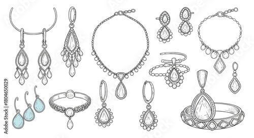 Elegant collection of hand-drawn jewelry including necklaces earrings bracelets and rings in a detailed black and white sketch style.