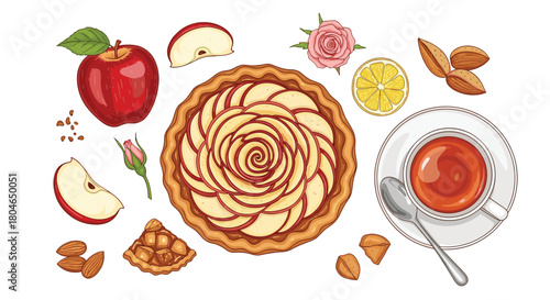 Top-down view of a beautifully decorated apple rose pie with a cup of tea fresh apples almonds and lemon on white background.
