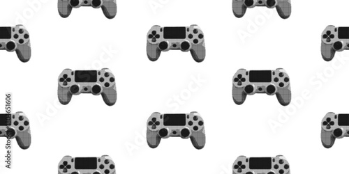 Playful halftone video game pattern with joystick console. Vintage arcade background. Collage design element with dotted effect.