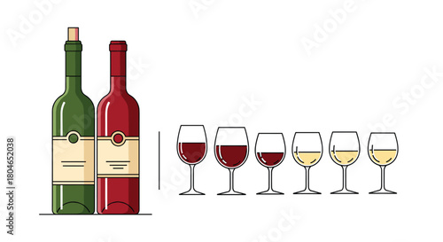 Minimalist illustration of red and white wine bottles alongside a row of glasses showing different fill levels for wine tasting.