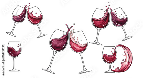 Dynamic collection of red wine glasses toasting and splashing liquid in a celebratory watercolor-style illustration set.