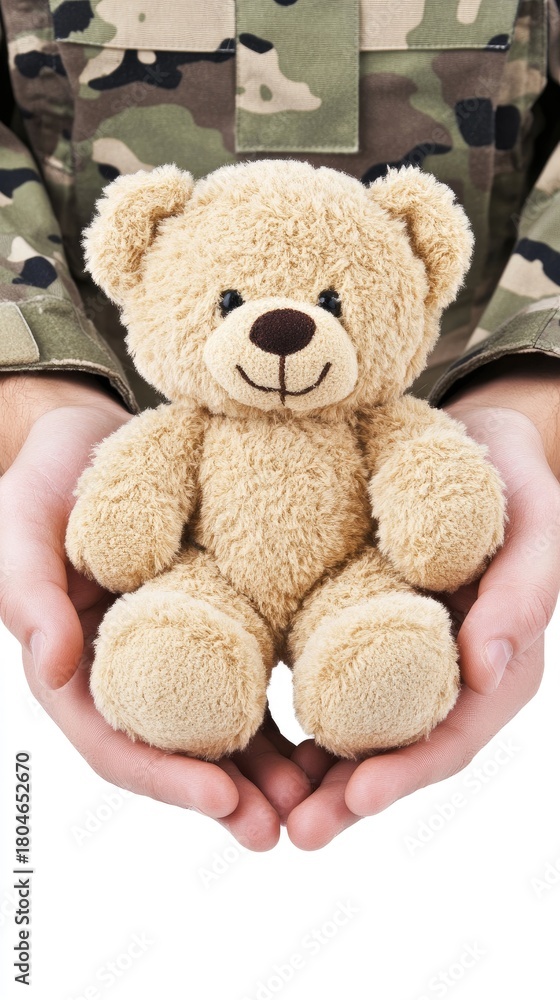 Obraz premium Soldier cradling a teddy bear in comforting gesture on a pure white background