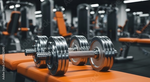 Dumbbells on an orange bench in a gym, ready for a workout session