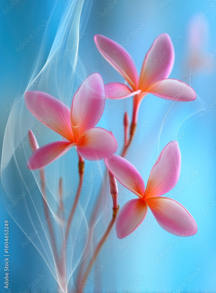 Fototapeta premium Three pink frangipani blossoms with orange centers and ethereal white accents on a blue backdrop