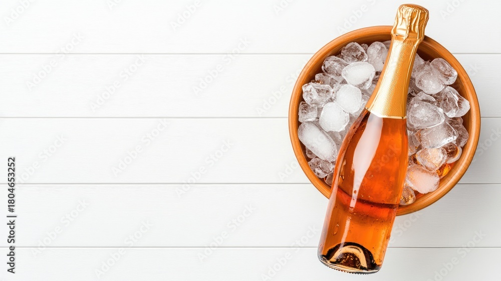 Obraz premium Elegant champagne bottle elegantly chilled in an ice bucket inviting celebration and joy from a luxurious perspective