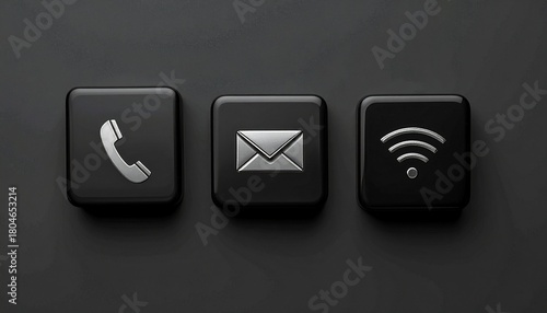 Three black buttons with icons for phone, email, and Wi-Fi on dark background.