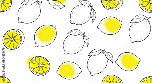 Modern seamless pattern of hand-drawn lemons and citrus slices with yellow doodle accents on a clean white background design.