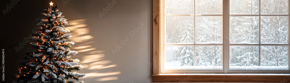 Fototapeta premium Christmas tree with minimal decoration stands by window with snowy winter landscape outside creating peaceful festive atmosphere