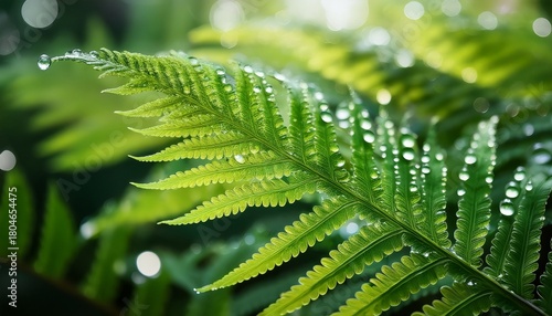 close up macro photograph of vibrant green fern leaf with water droplets