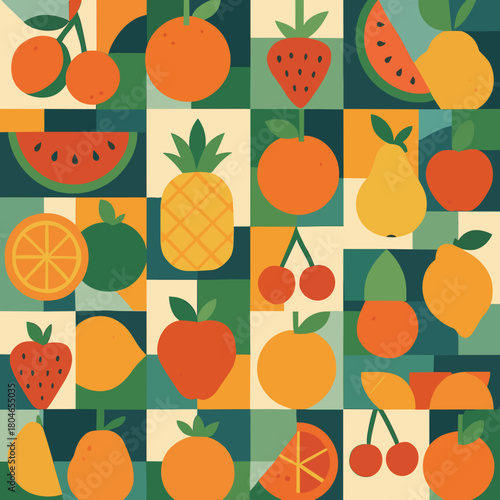 Colorful fruit pattern collage featuring various fruits on a light background