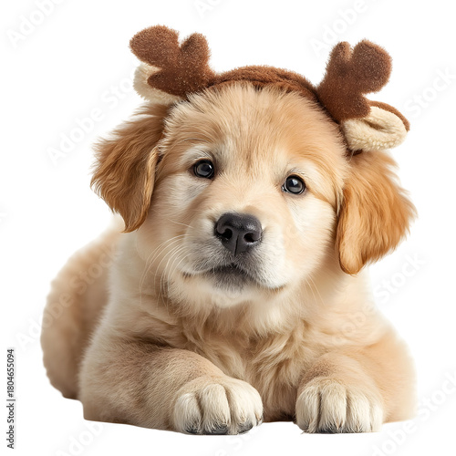 A cute Golden Retriever puppy wearing festive reindeer antlers on a clean white background