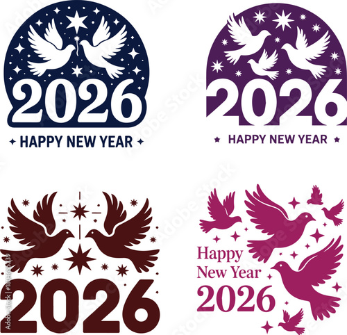 Happy New Year 2026 Typography with Flying Dove Silhouette design with four different color, symbolizing peace and hope for upcoming year, modern minimal solid shapes. Elegant doves soaring. 