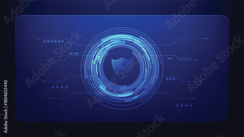 cyber security and privacy protection. digital shield with futuristic circle on blue background