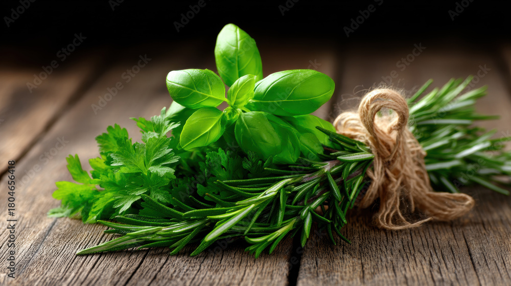 Fototapeta premium Raw whole foods for eco branding include fresh green herbs like basil, rosemary, and parsley rustic wood, evoking natural