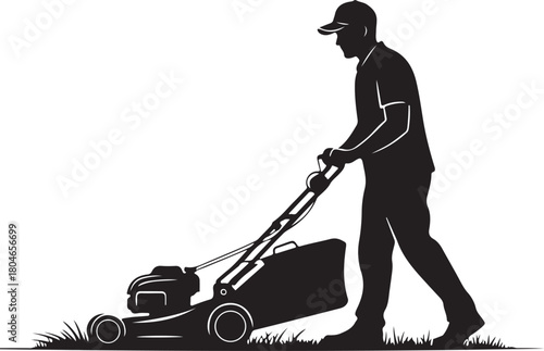 Silhouette of a man mowing the lawn on a grassy field vector,