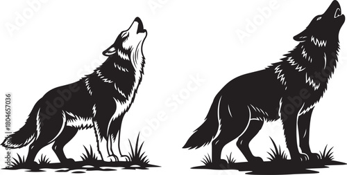 Wolf silhouette collection, howling and standing, detailed vector art, wild nature detail, 