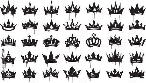 Black grunge graffiti crown icons vector set isolated on white background. Royalty king queen logo design.