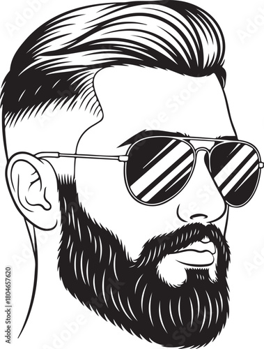 Hand drawn sketch portrait of a stylish man with a beard and aviator sunglasses looking to the side