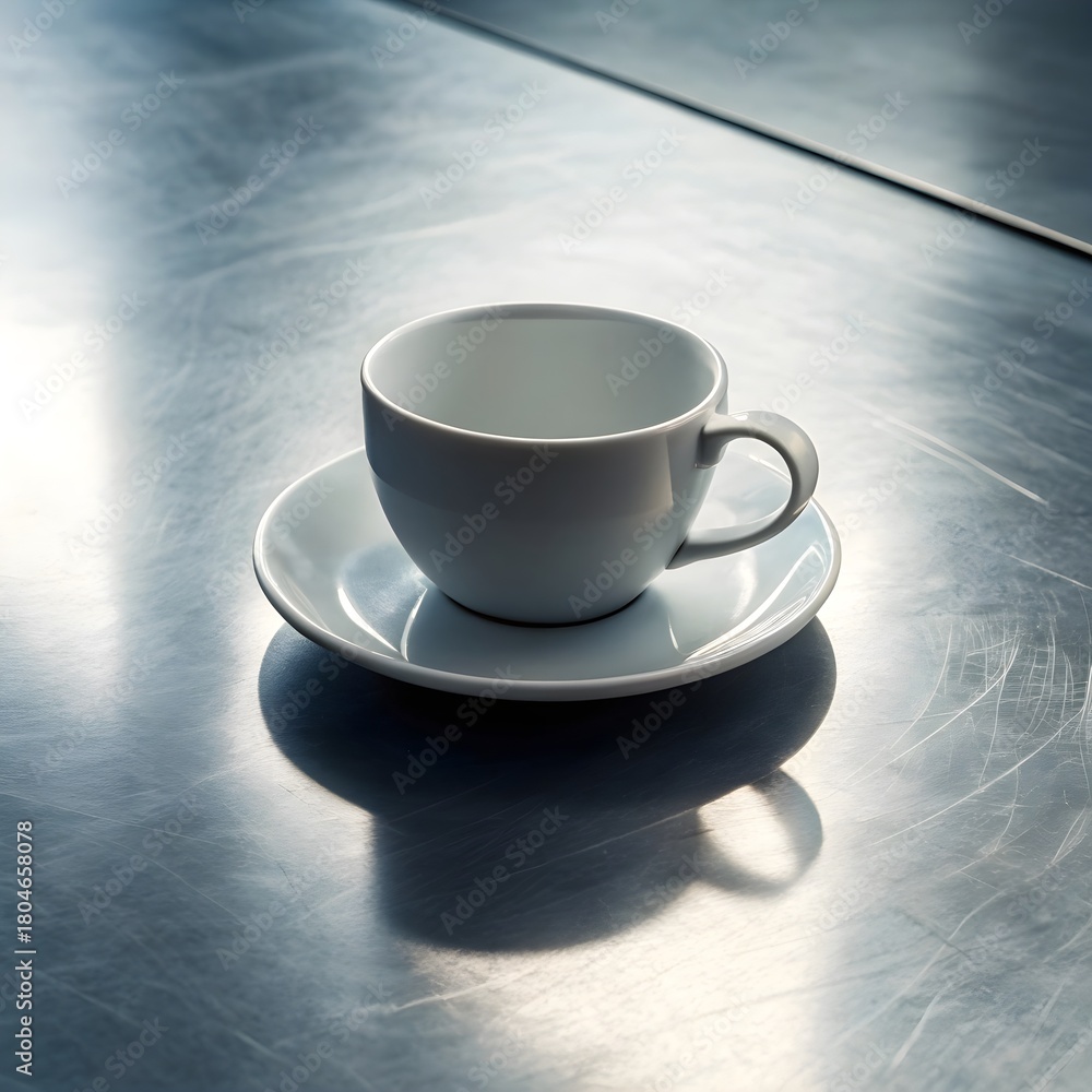 Obraz premium White ceramic cup and saucer on reflective metal surface with dramatic lighting and minimalist contrast for modern kitchenware design themes