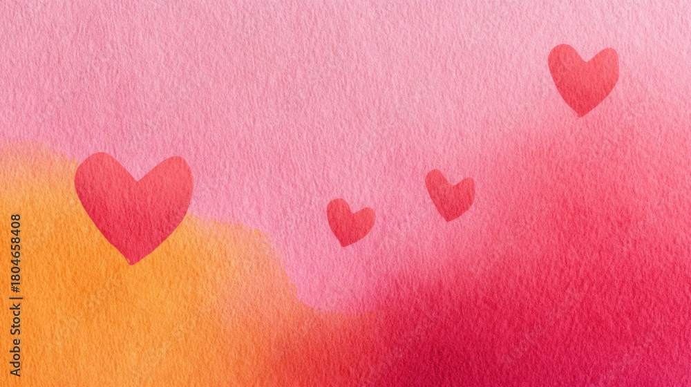 Obraz premium Soft Watercolor Background with Pink and Orange Hues Featuring Delicate Hearts in Various Sizes for Romantic and Whimsical Designs