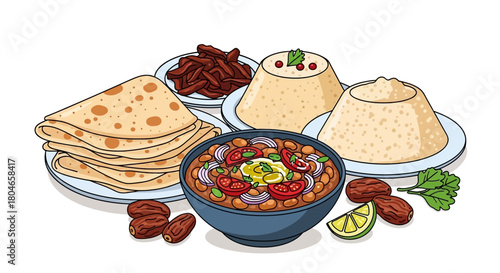 A delicious spread of Indian cuisine featuring flatbread, chickpeas, and dates, a vibrant and flavorful culinary experience
