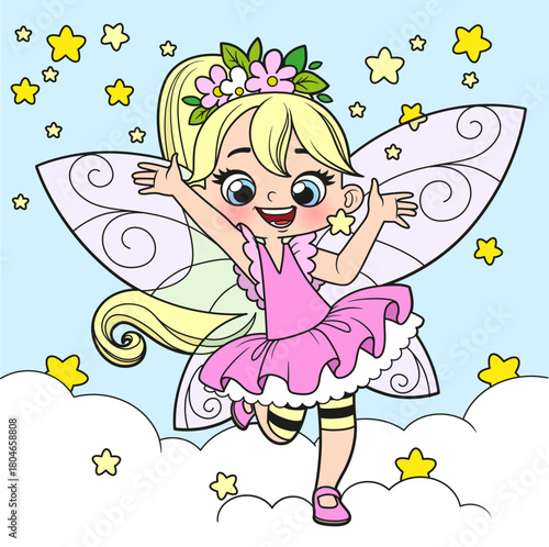 Cute cartoon little fairy in clouds with magic stars on white background
