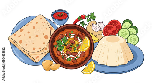 Colorful hand-drawn illustration of a traditional hearty meal with red bean stew, flatbread, rice, and fresh vegetables on the side