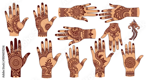 Collection of female hands with traditional Indian henna tattoo designs. Vector illustration set of mehndi patterns on white background