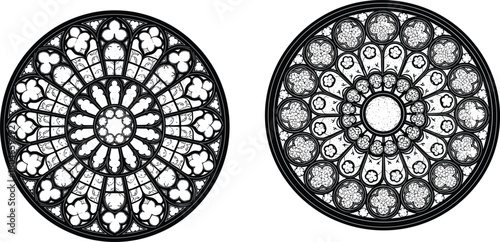 Rose window vector set, two black and white Gothic cathedral elements, isolated ornamental round patterns, intricate church architecture tracery icons.