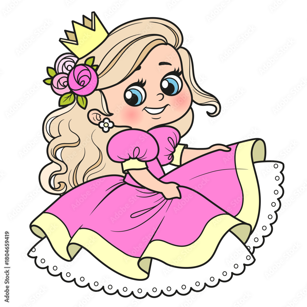 Naklejka premium Cute cartoon baby princess in pink ball dress isolated on white background