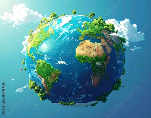 A vibrant illustration shows Earth covered in trees and clouds, emphasizing environmental well-being and a flourishing ecosystem
