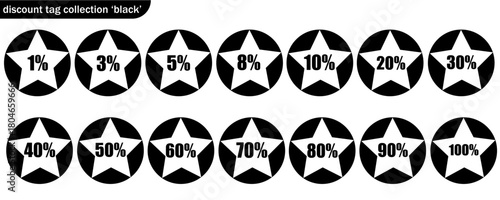 Discount Tag Collection: A comprehensive set of black discount tags featuring varying percentage offers, perfect for retail promotions and marketing materials.