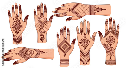 Collection of illustrated hands with intricate mehndi patterns. Traditional Indian and Arabic bridal henna body art vector set