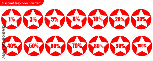 Discount Tag Collection: A vivid ensemble of red discount tags, each showcasing distinct percentage reductions within a star design, offering a clear visual aid for promotional sales.