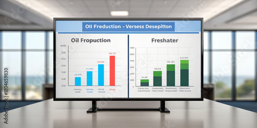 Oil production chart freshwater chart bar graph data comparison business presentation conference room large screen corporate meeting analytics statistics showing trends with calm focus and clarity