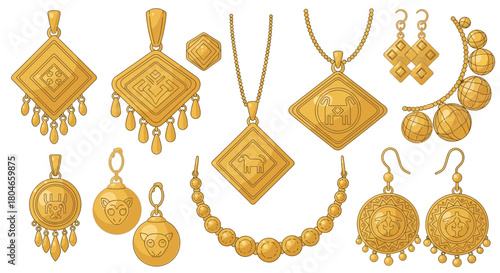 A collection of illustrated gold ethnic jewelry featuring pendants, necklaces, and earrings with intricate designs