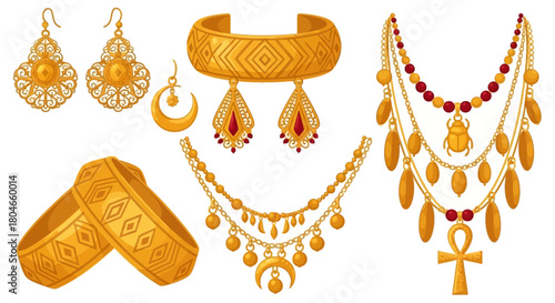 Ornate Gold Egyptian Jewelry Set with Earrings, Necklaces, and Bracelets