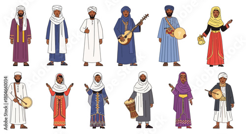 Vibrant Vector Set Depicting Middle Eastern and North African People in Cultural Attire with Musical Instruments, Celebrating Traditions