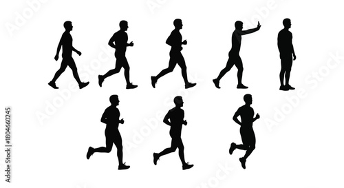 Vector Silhouettes of Man in Motion: Walking, Running, Jogging, and Standing Poses Icon Set