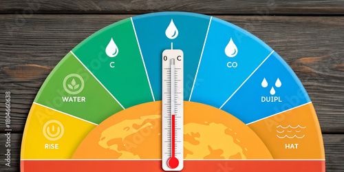 Climate change global warming temperature gauge thermometer climate risk energy infographic environmental impact rising heat weather sustainability