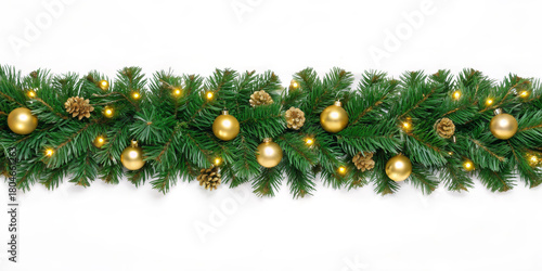 Christmas border pine branch gold ornament fairy light festive garland winter decor holiday banner evergreen gold bauble pine cone create joyful minimalist frame for seasonal design and warm
