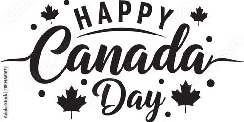 Happy Canada Day lettering with maple leaf decoration typography design isolated on white background