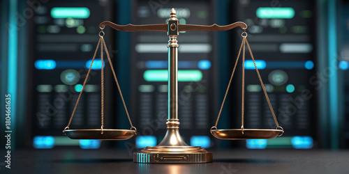 Golden balance scale justice law legal technology digital data cyber server neon