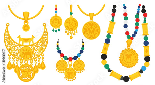 Illustrative showcase of exquisite ethnic gold necklaces, ornate pendants, and colorful beaded jewelry pieces, reflecting rich cultural heritage and timeless elegance