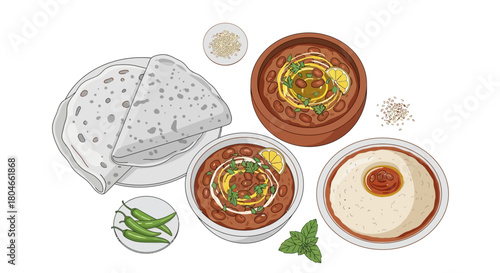 Traditional Indian food, a delicious meal featuring chapati, curry and various condiments