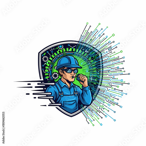 Illustration: Engineer using walkie talkie with shield and digital burst