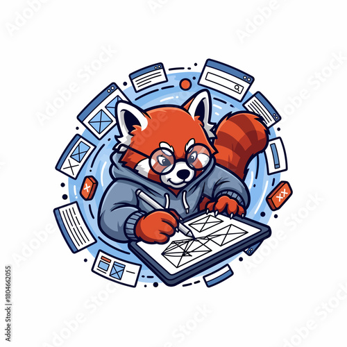 Cartoon red panda developer designing website wireframes digitally art design