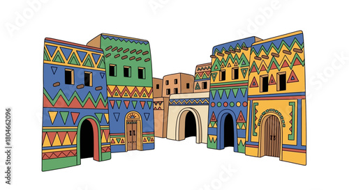 Vibrant illustration of a traditional town with colorful, geometric patterned buildings and arched doorways
