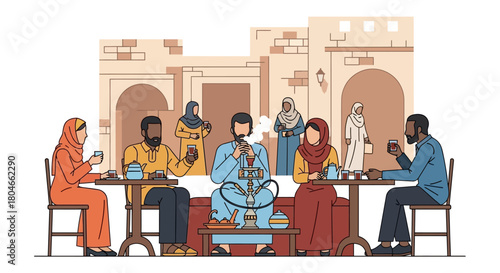A diverse group of friends enjoying conversation over tea and shisha at a traditional Middle Eastern cafe