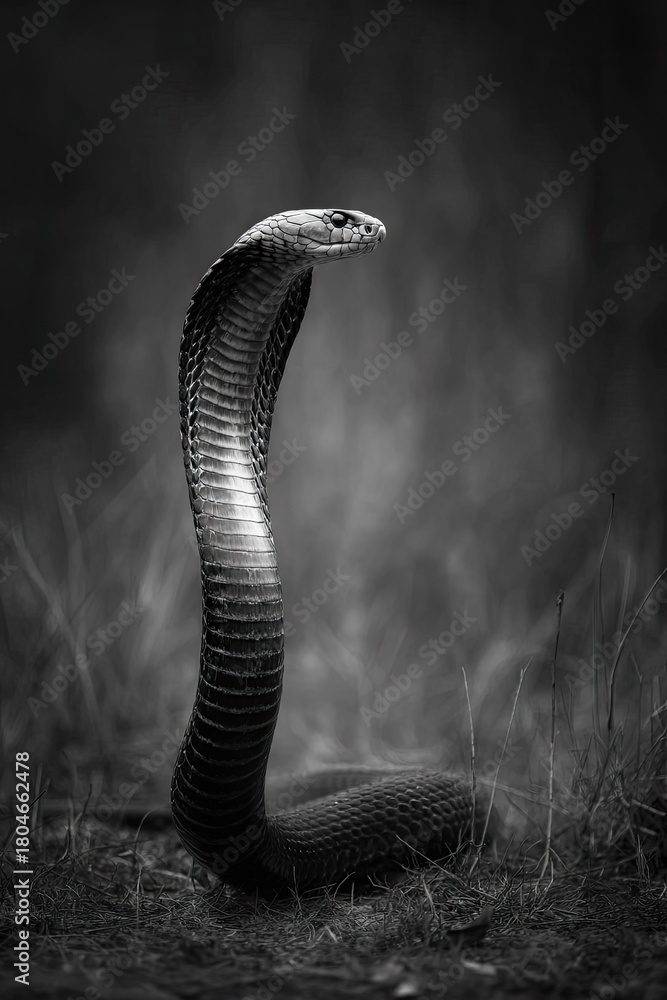 Fototapeta premium Black and white cobra snake alert in natural environment wildlife portrait